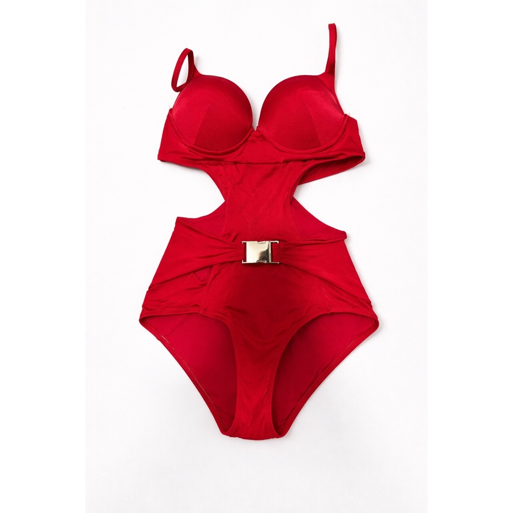 MOEVA LONDON Red Cutout‎ One Piece Swimsuit Gold Buckle Size S